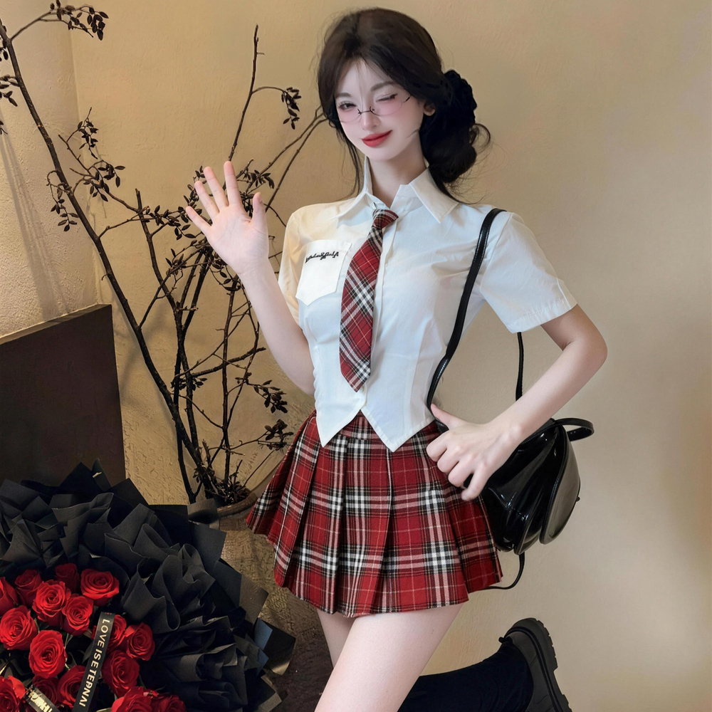 실사 여름 학원 스타일 jk 유니폼 세트 여성 달콤한 매운맛 디자인 센스 반팔 셔츠 체크무늬 플리츠 스커트 투피스 세트