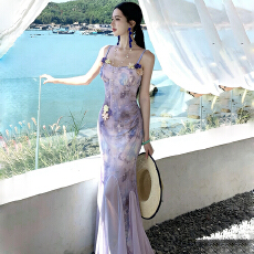 批发实拍 度假风绝美立体花朵晕染渐变吊带连衣裙女小众网纱<b class='q'>鱼尾</b>长裙