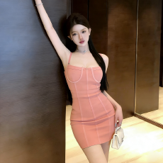 批发实拍 吊带<b class='q'>连衣裙</b>女夏季粉色纯欲风辣妹<b class='q'>性感</b>小个子包臀针织裙子