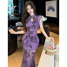 批发实拍新中式网纱拼接紫色碎花改良<b class='q'>旗袍</b>裙性感辣妹包臀鱼尾连衣裙夏