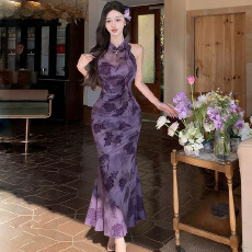 批发实拍新中式改良旗袍花朵挂脖连衣裙女弹力<b class='q'>网纱</b>鱼尾<b class='q'>长裙</b>气质鱼尾裙