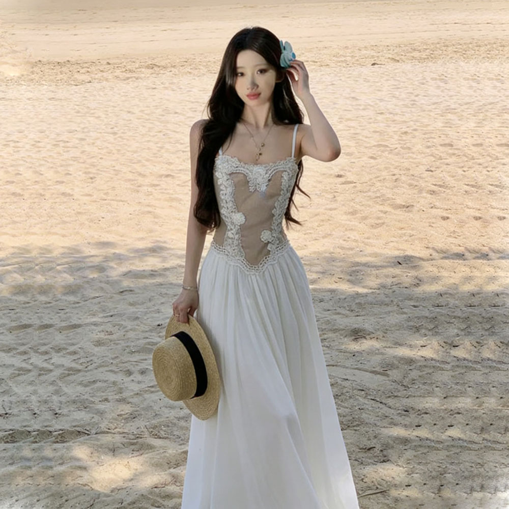 실사 프랑스식 부드러운 망사 패치워크 슬립 드레스 고유 한 아름다움 품격 허리 수축 큰 진자 휴가 해변 드레스 여름
