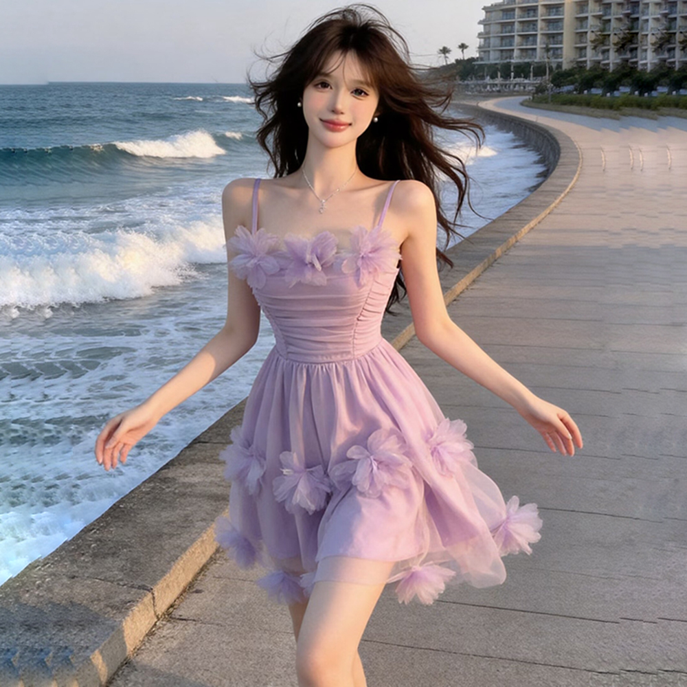 실사 요정 공차 가짜 바람 신선함 슬립 여성 드레스 여름 3 차원 망사 꽃 허리 수축 예복 미니 스커트