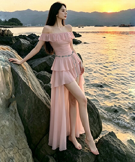 실사 해변가 휴가 여름 보헤미안 불규칙 끌기 꼬리 롱 스커트 프릴 오프숄더 슬립 드레스