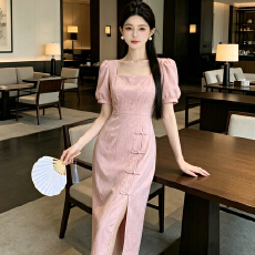批发实拍法式时尚减龄少女小礼服短裙年轻改良式旗袍方领泡泡袖连衣裙