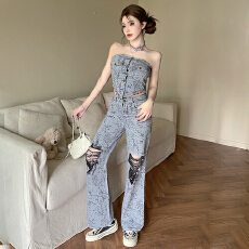 批发实拍美式复古辣妹时髦牛仔印花抹胸上衣设计破洞高腰阔腿裤<b class='q'>两件</b>套
