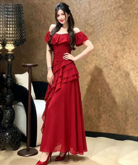 실사 프랑스식 오프숄더 망사 슬립 여성 드레스 여름 해변가 휴가 프릴 허리 수축 예복 롱 스커트