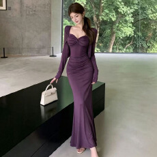 批发实拍性感辣妹风收腰鱼尾长裙吊带<b class='q'>连衣裙</b>女新款修身长袖开衫两件套