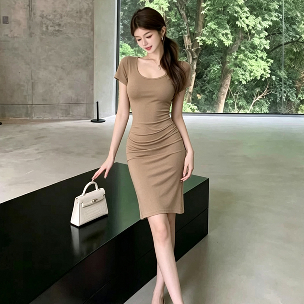 RY7985# 实拍夏季女装短袖纯欲性感紧身中长款裙子御姐范U型领包臀连衣...