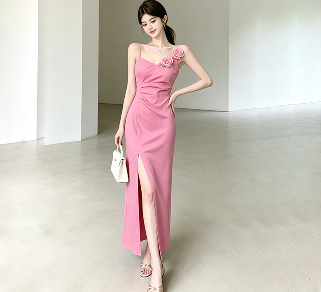 RY7983# 实拍 性感气质V领吊带花朵连衣裙女聚会礼服夏修身开叉夜店长...