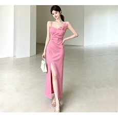 批发实拍 性感气质V领吊带花朵<b class='q'>连衣裙</b>女聚会礼服<b class='q'>夏</b>修身开叉夜店长裙
