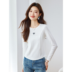 批发好质量*白色长袖T恤女春季2026新款爱心刺绣圆领百搭显瘦棉质上衣