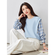 批发2026春季新款假两件撞色格纹卫衣<b class='q'>女士</b>长袖减龄套头圆领上衣