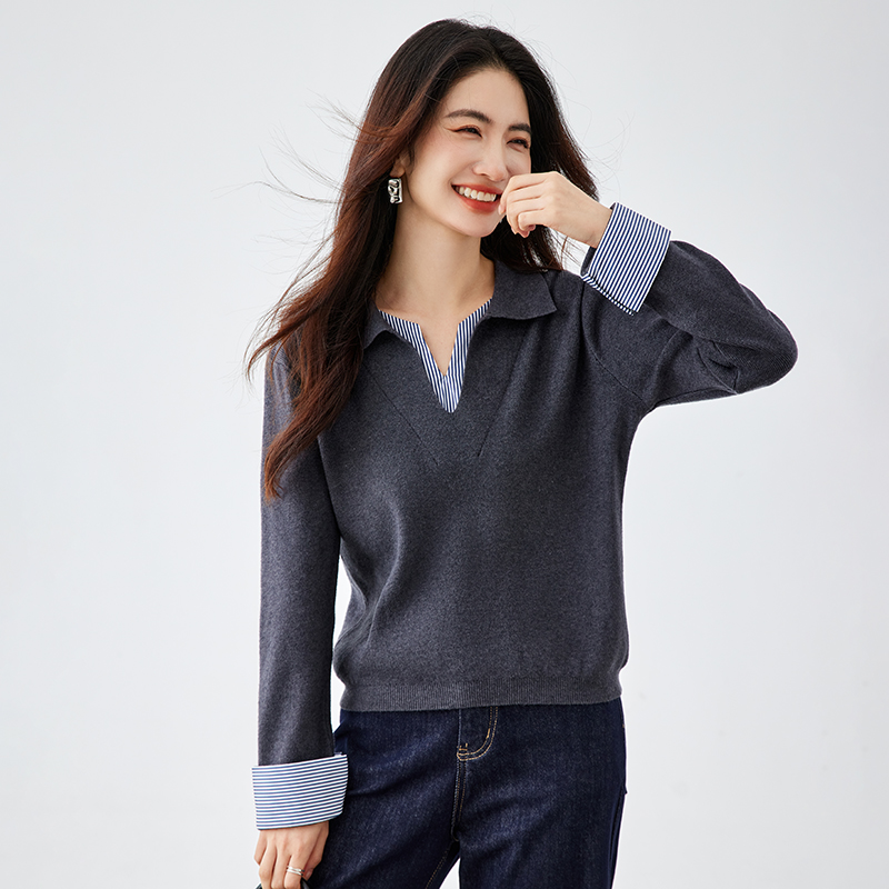 POLO 칼라 스트라이프 패치워크 긴팔 니트 스웨터 여성 봄 디자인 센스 한 부서 Chic 페이크 레이어드 맨위
