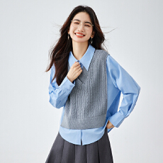 批发2026春季学院风洋气简约宽松翻领拼接<b class='q'>长袖</b>假两件马甲针织<b class='q'>衬衫女</b>