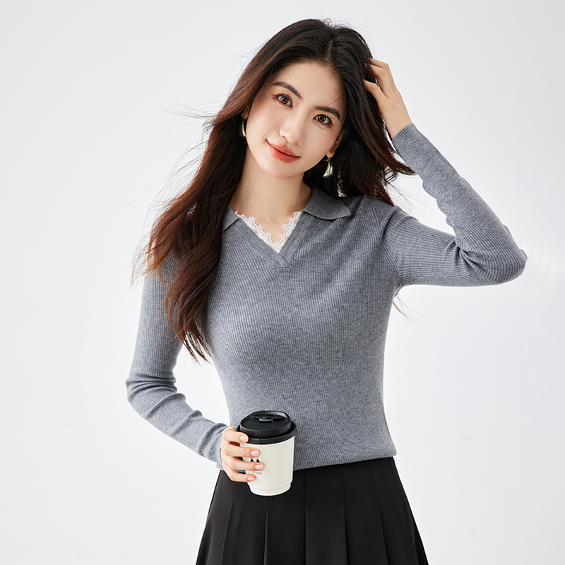 2026 봄 새로운 몸매 가꾸기 슬림해 보이는 레이스 레이스 V넥 니트 스웨터 맨위 여성