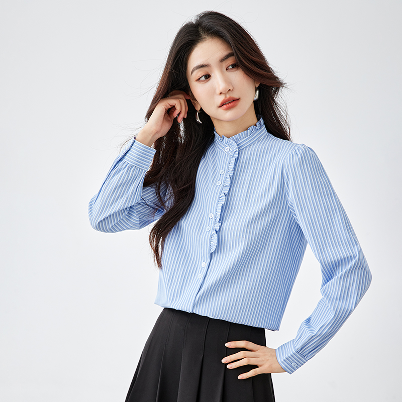 궁정 바람 프릴 스탠드 칼라 스트라이프 여성 셔츠 2026 새로운 봄 루즈핏 긴팔 스택 착용 셔츠