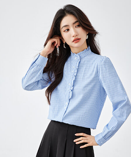 궁정 바람 프릴 스탠드 칼라 스트라이프 여성 셔츠 2026 새로운 가을 루즈핏 긴팔 스택 착용 셔츠