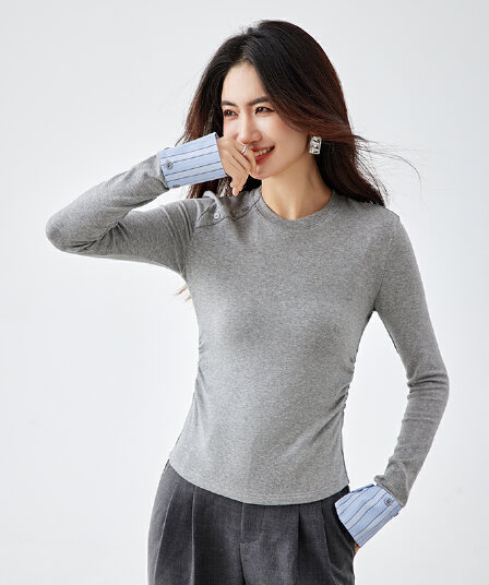 양모 배색 긍정적 인 어깨 티셔츠 여성 2026 봄 새로운 미니멀리즘 패션 디자인 센스 인사이드 가져 가라. 캐주얼 맨위