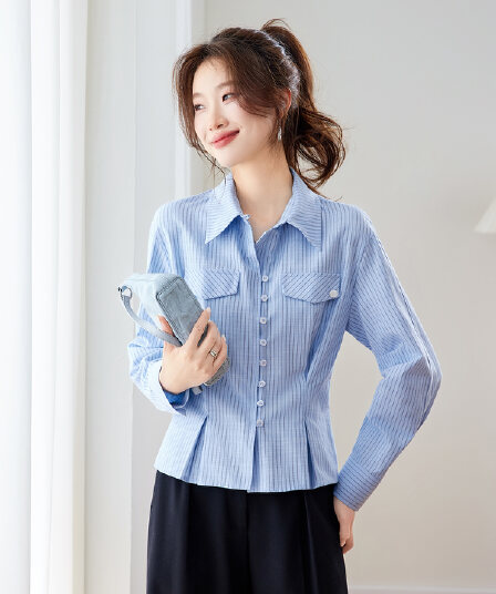 프랑스식 스트라이프 느슨함 센스 허리 수축 여성 셔츠 2026 봄 새로운 루즈핏 고급 센스 출퇴근 셔츠