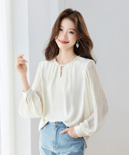 2026 새로운 프랑스식 데이트 벌룬 소매 패치워크 진주 여성 셔츠 가을 품격 홀로우 아웃 셔츠 루즈핏 맨위