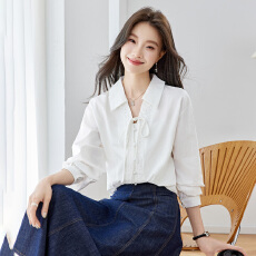 批发白色翻领花边系带落肩<b class='q'>长袖</b>衬衫女2026秋季法式复古气质上衣