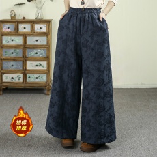 批发中式提花夹棉棉<b class='q'>裤</b>女25冬季新款松紧腰<b class='q'>亚麻</b>保暖阔腿<b class='q'>裤</b>
