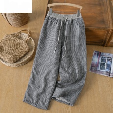 批发冬季保暖加厚夹棉阔腿裤女2025新款拼接腰头抽绳格纹直筒棉裤