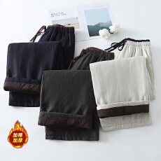 批发冬棉麻直筒休闲裤子夹棉加厚保暖显瘦外穿棉裤苎麻阔腿裤女