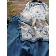 批发2026<b class='q'>夏</b>季新款文艺复古苎麻印花竹叶圆领撞色盘扣短款茶服女