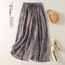 批发文艺复古印花宽松<b class='q'>阔腿裤</b>九分休闲棉麻裙裤女2026新款