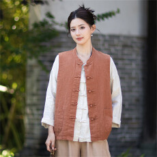 批发新中式复古盘扣<b class='q'>棉麻</b>马甲女新款立领国风开衫上衣苎麻宽松<b class='q'>背心</b>外套