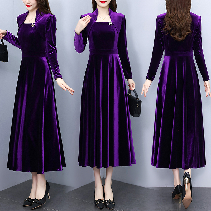 MY13312# 高端名媛酒红色长裙春喜婆婆礼服显瘦长袖丝绒连衣裙女女裝貨源服裝批發