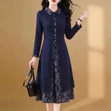 批发藏青色拼接碎花<b class='q'>连衣裙</b>翻领排扣收腰 A 字裙中年妈妈<b class='q'>气质</b>减龄裙子
