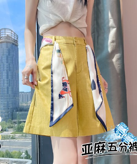 실사 재고 상품 2025 여름 새로운 주간 실크 아마 오부 바지 와이드 레그 팬츠 한 마디 반바지 얇은 스타일 면 린넨 바지 여성