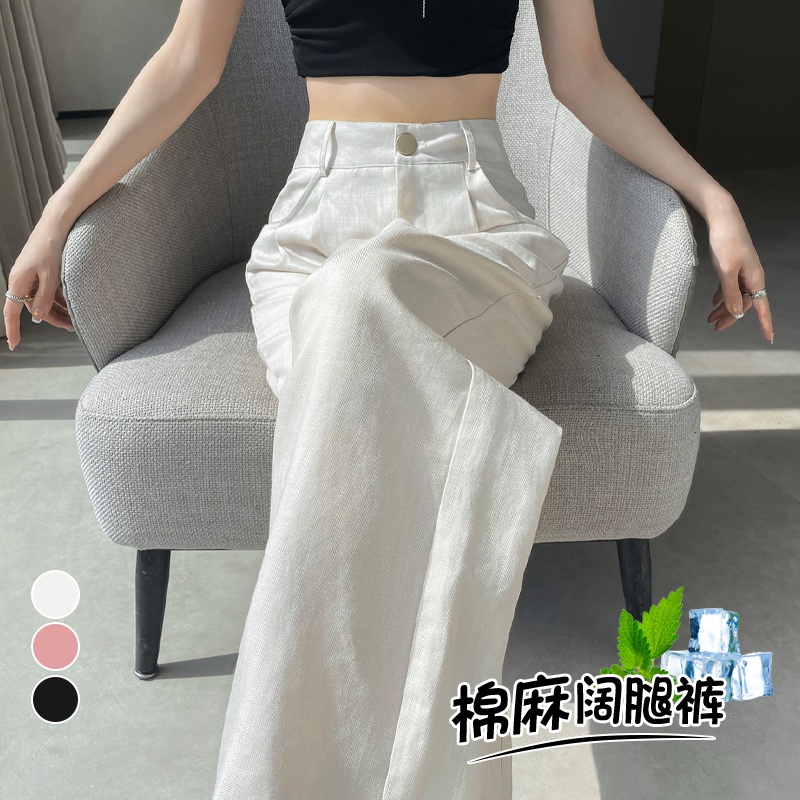 实拍现货2025夏季新款冰丝棉麻阔腿裤薄款高腰亚麻防晒休闲裤女