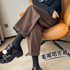 批发实拍2025秋冬新款毛呢<b class='q'>哈伦</b>裤烟管裤直筒加绒西裤九分休闲裤女
