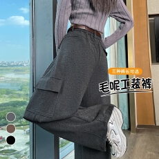 批发<b class='q'>实拍</b>2025秋冬新款毛呢弯刀工装裤加绒高腰束脚两穿<b class='q'>运动</b>裤拖地裤女