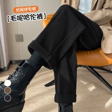 批发实拍2025秋冬新款九分休闲裤女毛呢<b class='q'>哈伦裤</b>加绒烟管直筒加绒西装裤