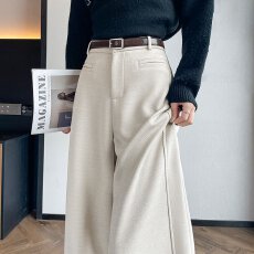 批发实拍2025秋冬新款直筒高腰休闲拖地裤女人字纹毛呢裤窄版阔腿裤