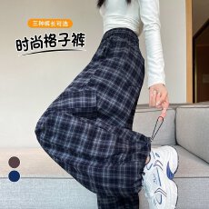 批发实拍2025秋冬新款高腰束脚阔腿裤两<b class='q'>穿</b>运动休闲裤<b class='q'>女</b>加绒格子工装裤