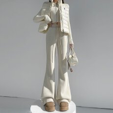 批发实拍2025秋<b class='q'>冬</b>新款米白色醋酸羊毛微喇裤加绒拖地裤羊绒裤休闲裤