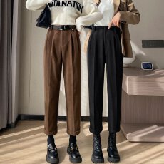 批发实拍2025秋冬新款米白色毛呢<b class='q'>哈伦裤</b>烟管加绒西装裤九分休闲裤女