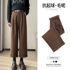 批发实拍2025秋冬新款美拉德咖色加绒西装高腰九分休闲裤毛呢直筒裤女