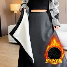 批发实拍2025秋冬新款米白色高腰显瘦加绒毛呢<b class='q'>半身裙</b>羊绒A字裙子<b class='q'>女</b>