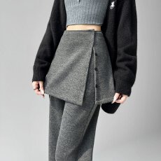 实拍2025秋冬新款加绒休闲两件套裙裤阔腿拖地裤羊绒微喇裤女