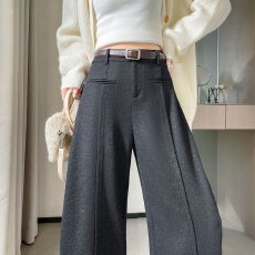 批发实拍2025秋冬新款高腰窄版休闲拖地裤毛呢阔腿裤直筒拖地裤女