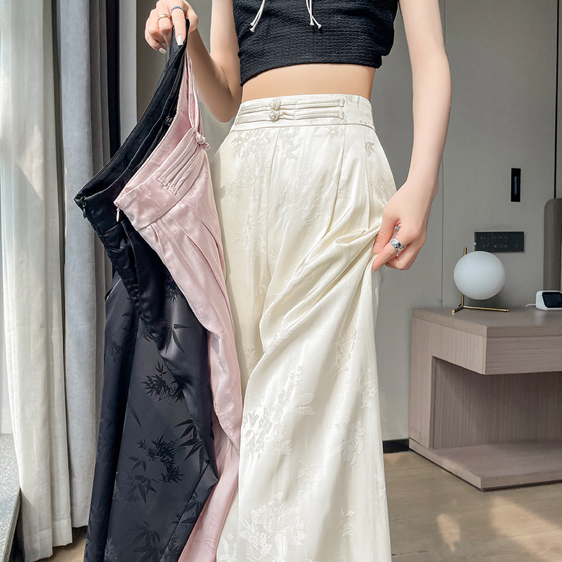 RY2112# 实拍2026夏季新款新中式缎面提花冰丝裤女国风直筒窄版阔腿裤