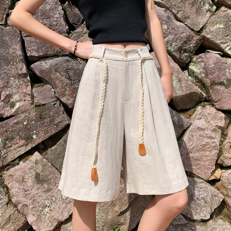 실사 2026 여름 새로운 주간 실크 아마 오부 바지 한 마디 넓은 다리 하이웨이스트 면 린넨 얇은 스타일 반바지 여성
