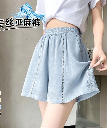 실사 2026 여름 새로운 주간 실크 아마 와이드 레그 팬츠 반바지 레이스 얼음 실크 한 마디 캐주얼 바지 여성